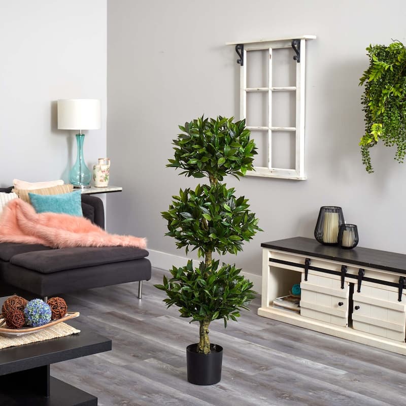Artificial Topiary Tree 5ft Triple Bay Leaf Bush Indoor Outdoor Decor - 5ft.
