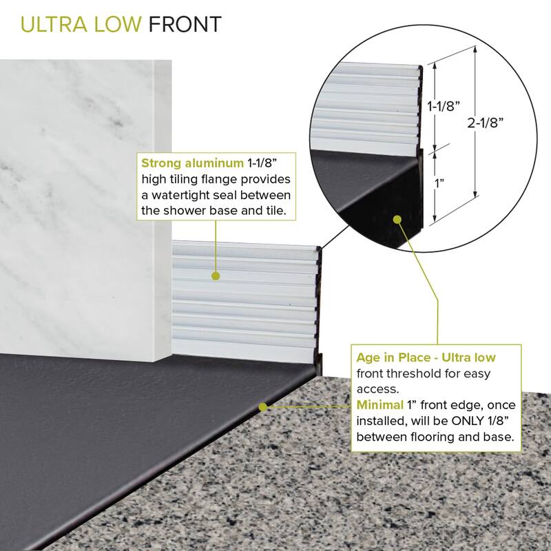 63-in L x 35.5-in W Zero Threshold End Drain Shower Base, Black - 63-in L x 35.5-in W - 63-in L x 35.5-in W