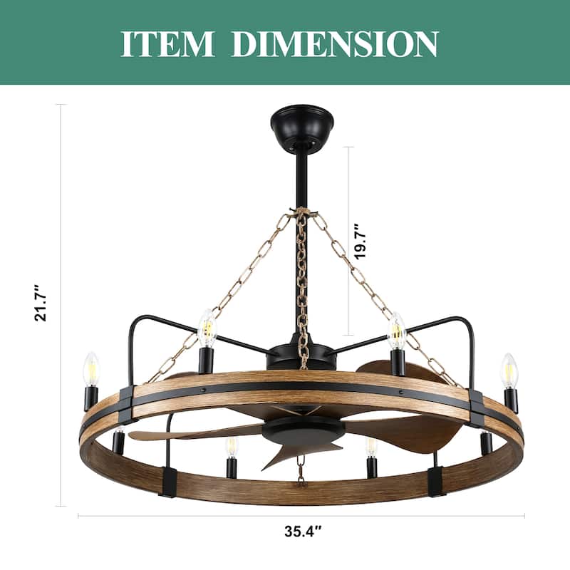 Cusp Barn 36 Inch Rustic Wagon Wheel Ceiling Fan with Light and Remote, Industrial 6 Speeds Fandelier Ceiling Fan for Bedroom