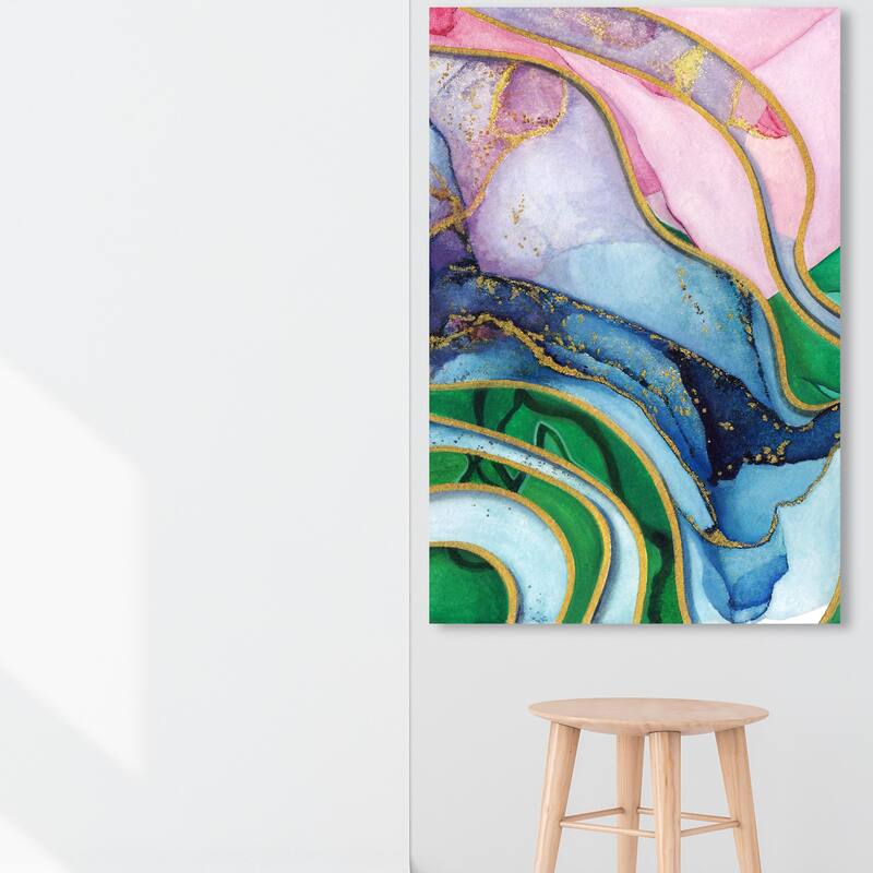 Wynwood Studio Canvas Abstract Golden Flow Gems Blue and Pastel Pink Modern & Contemporary Wall Art Canvas Print - 54 x 36