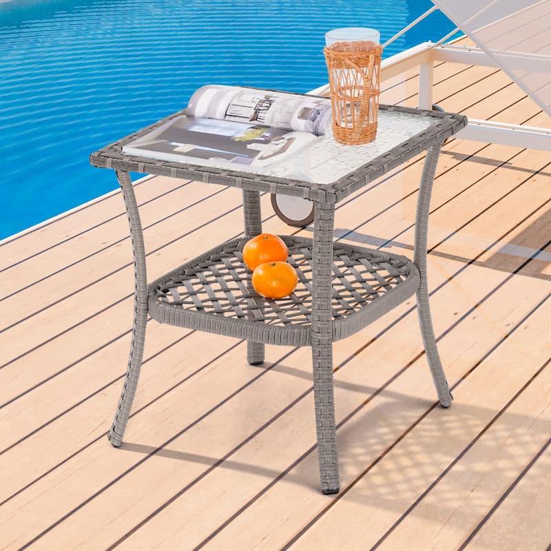 BONOSUKI Outdoor PE Rattan Side Table, Water-Corrugated Glass Tabletop - Grey