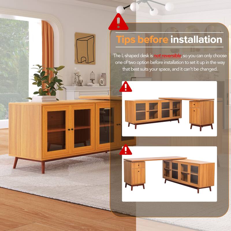 66.5" Large Office Desk with Drawers, Modern L-shaped Desk with Delicate Tempered Glass Cabinet Storage, Business Desk