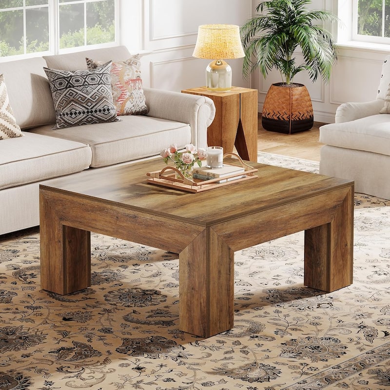 Farmhouse Square Coffee Table for Living Room, 39.37-Inch Low Large Center Tea Accent Table -  Rustic Brown