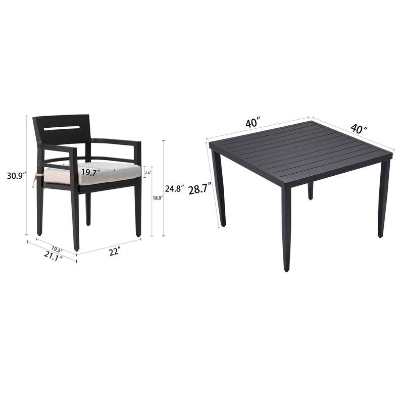 5-Piece Aluminum Patio Dining Set with 40" Table & Cushioned Armchairs