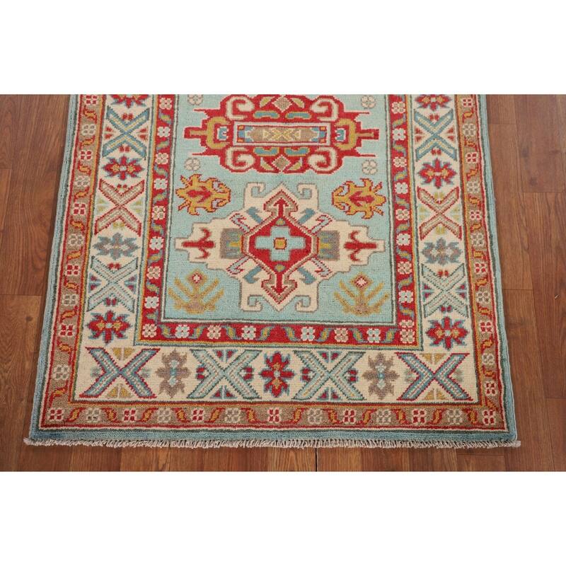 Turquoise Blue Kazak Oriental Accent Rug Hand-Knotted Wool Carpet - 2'9" x 3'11"