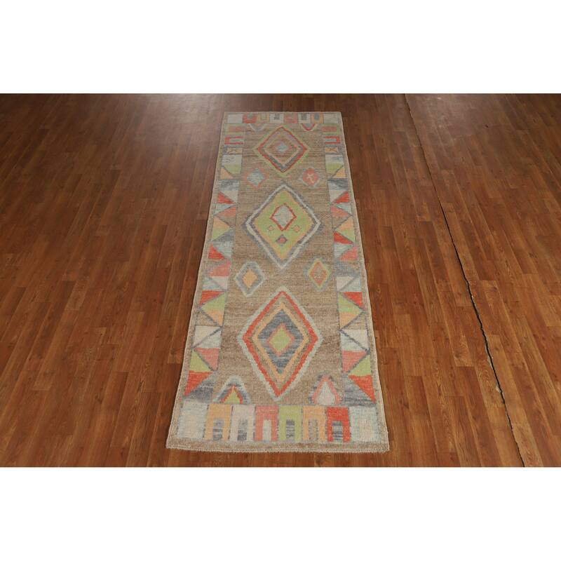 Hand Knotted Oriental 100% Wool Carpet Transitional Geometric Brown Oushak Runner Rug - 8' 8'' X 3' 0''