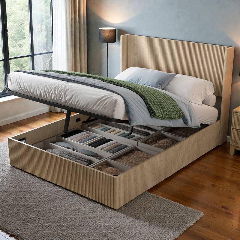 Wood Lift Storage Platform Bed with Raised Headboard, Gas Lift Design, No Box Spring Needed, Queen King