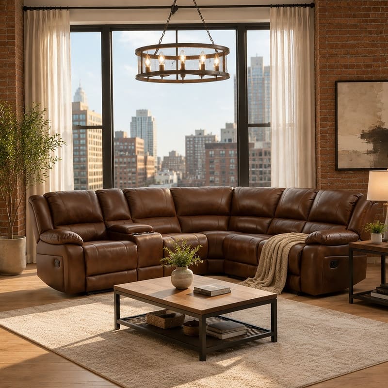 6PCS, 2 Manual Recliners, Faux Leather Reclining Sectional with Center Console - Brown