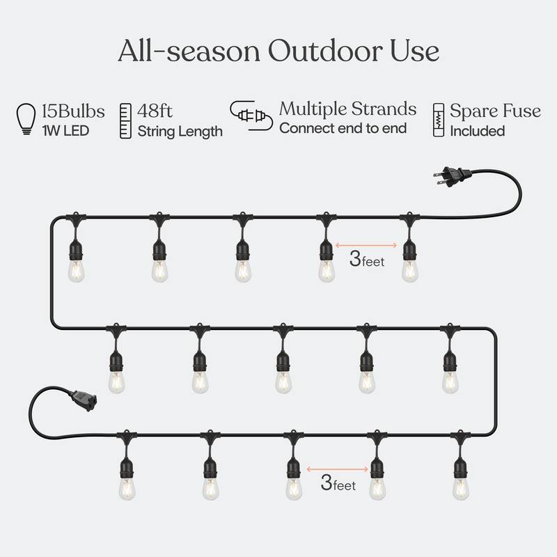 Brightech Ambience Pro 15 Light 48 Ft. Outdoor Plug-in LED S14 Edison Bulb String-Light 2700k Soft White