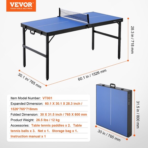 8ft Foldable Mid-Size Table Tennis Table Set - Includes Net