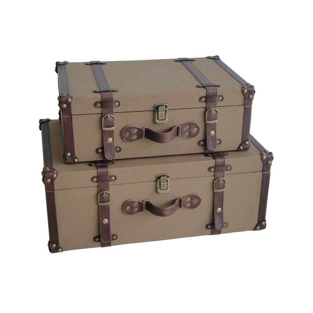 Fabric Upholstered Suitcase with Faux Leather Straps, Brown, Set of 2 ...