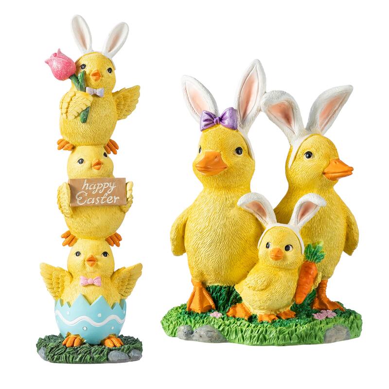 Glitzhome Easter Resin Duck Family Table Decor Stackable Chickens Figurine - Set of 2