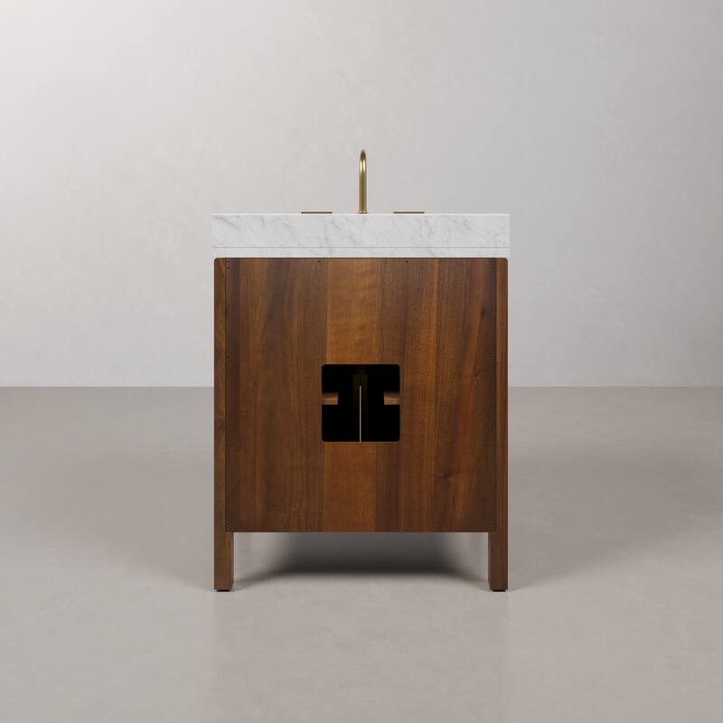 Ferrero 30 in. Single Sink Carrara White Marble Bath Vanity in Noir Juglans with Satin Gold Hardware