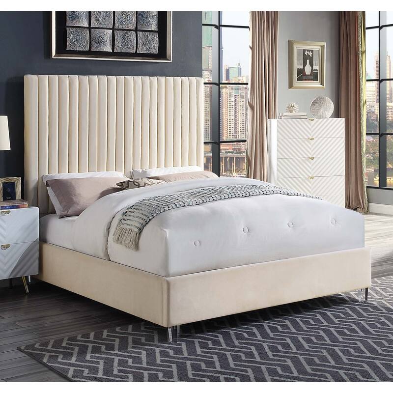 Fully Fabric Upholstered Bed with Acrylic Legs in Beige Finish