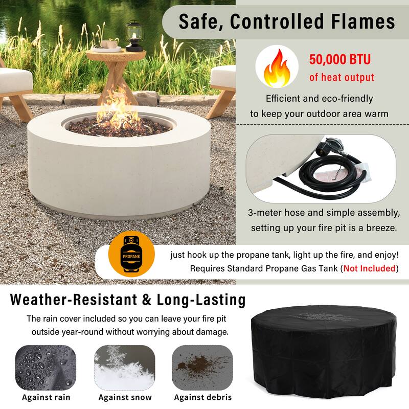 38.2" Round Outdoor Propane Fire Pit, Outside Fire Pit Table with 50000 BTU, Steel Burner, Lava Rocks, Waterproof Cover