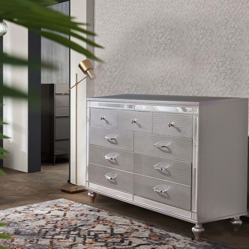Contemporary Wooden Dresser with 9 Drawers and Turned Legs, Silver