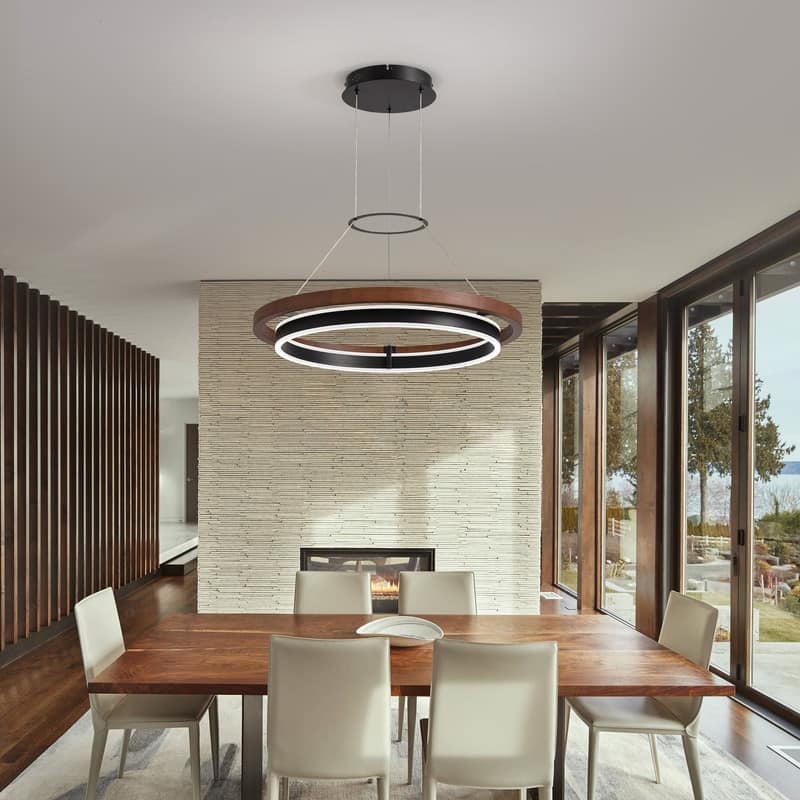 23.6 in. Modern Farmhouse Chandelier 2-Tier Round Ring Walnut LED Wooden Pendant Light for Kitchen Island