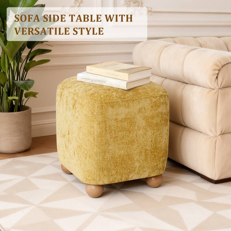 Chenille Upholstered Pouf Ottoman Footstool Acacia Solid Wood Footrest
