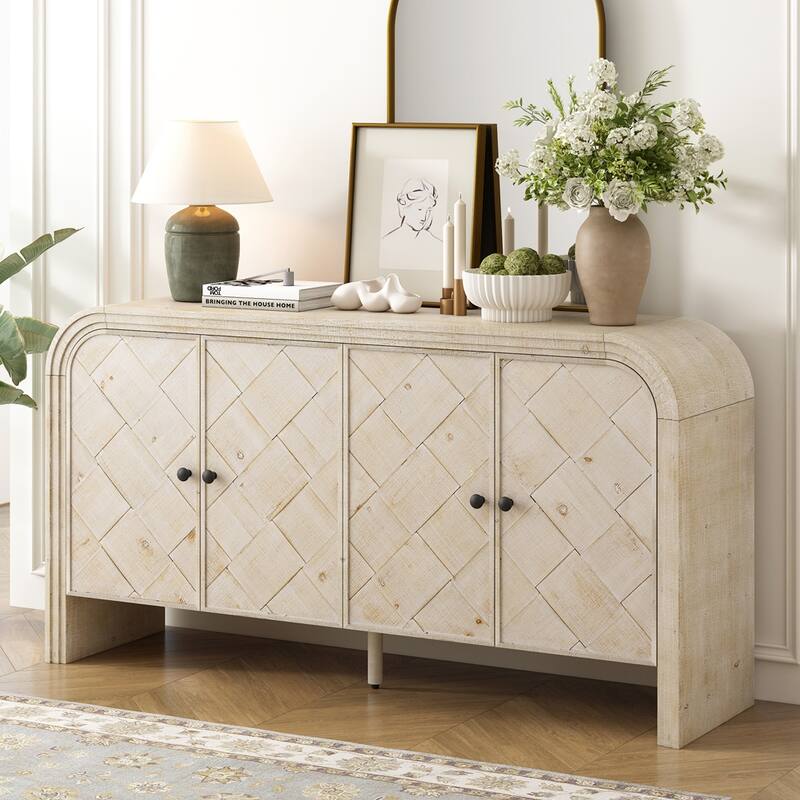 Multi-Functional MDF Sideboard-Handwoven Wood Slat Doors, Tiered Stepped Design & Premium Solid Wood Veneer for Hallways