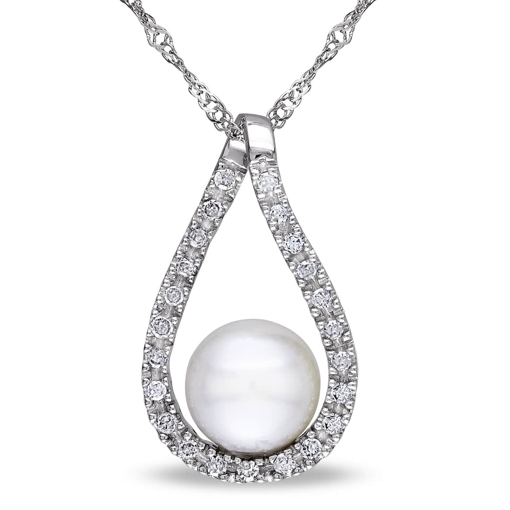 Miadora Cultured Freshwater Pearl and 1/10 CT TW Diamond Raindrop Pendant with Chain in 14k White Gold - 17 in x 18 mm x 10.5 mm