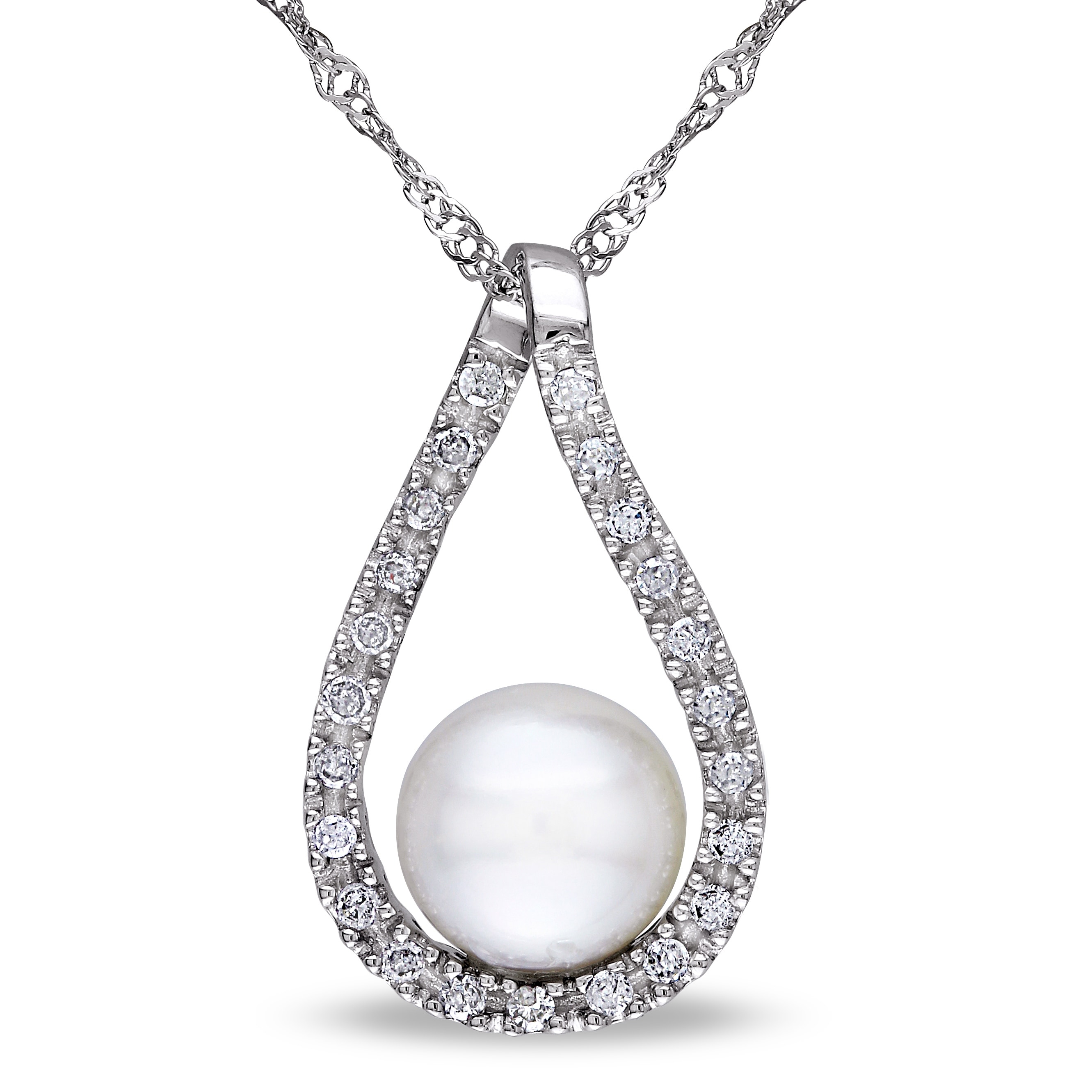 Miadora Cultured Freshwater Pearl 1/10 CT TW Diamond Raindrop Necklace 14k White Gold - 17 in x 18 mm x 10.5 mm