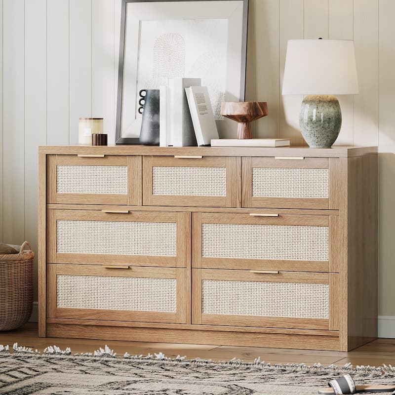 6/7-Drawer Dresser for Bedroom, Rattan Dresser Modern Wood Chest with Metal Handles