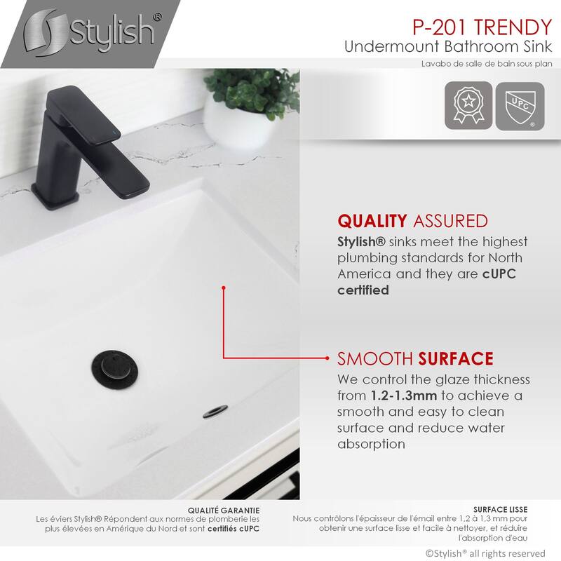 STYLISH Porcelain Rectangular 18 inches Undermount Ceramic Bathroom Sink with Overflow