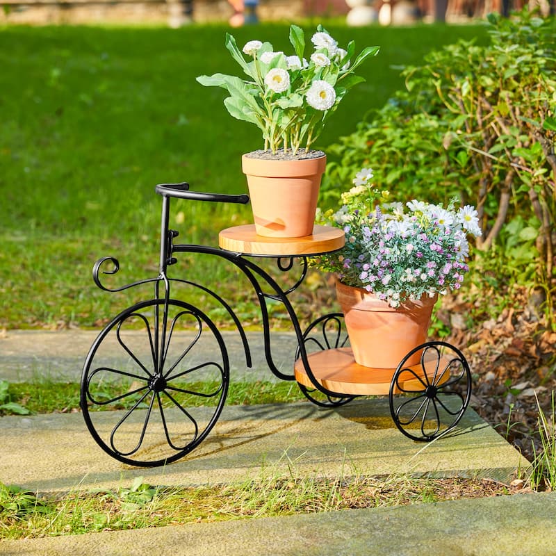 Glitzhome 24"L Spring Metal Tricycle Planter Stands Flower Pot Cart with Wood Trays - 24"L * 15.5"H - 2 Tier Trays-24" L-Black