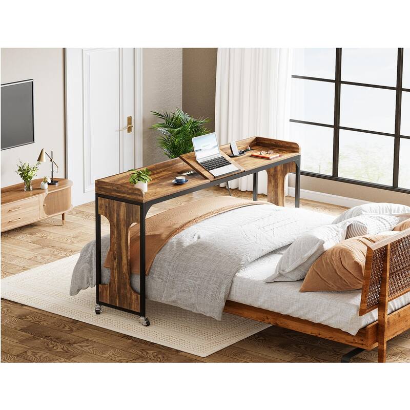 35.4"-43.3" Adjustable Overbed Table, 70.8" Queen Size Laptop Desk with Wheels, Outlets, USB, Rustic Brown