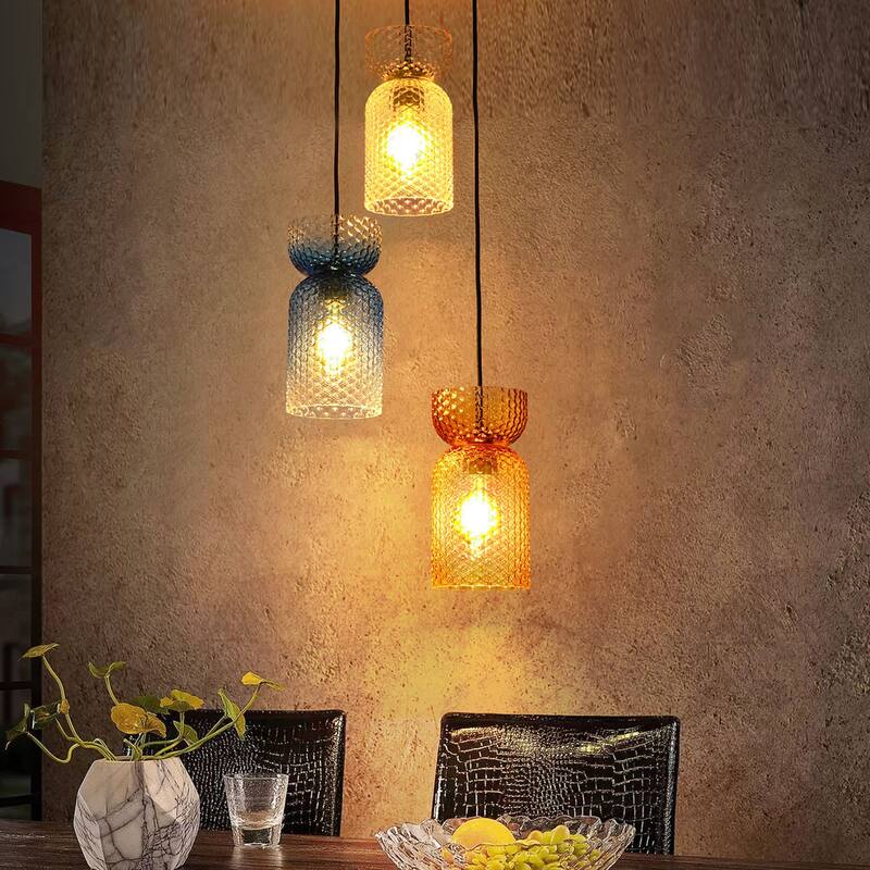 1/3-Light Modern Glam Bell-Shaped Adjustable Island Pendant Light with Clear/Blue/Amber Textured Glass