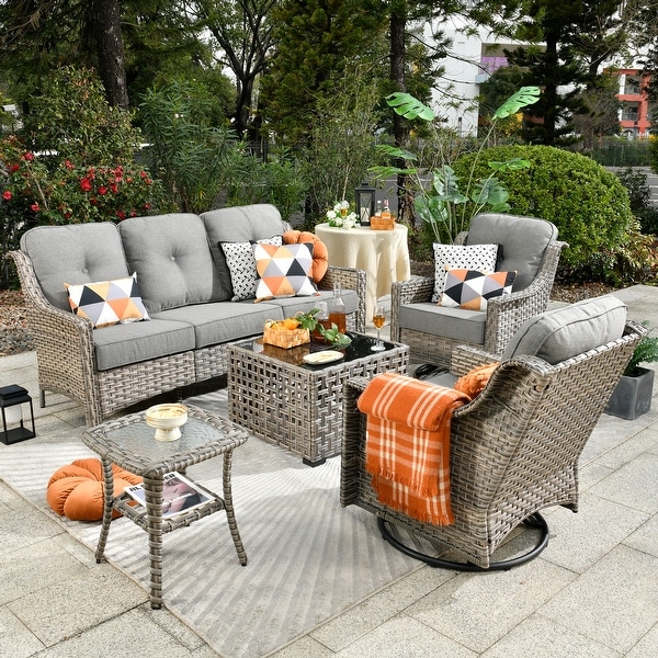 OVIOS 5-Piece Outdoor Wicker Swivel Chair Set With Solar-Powered