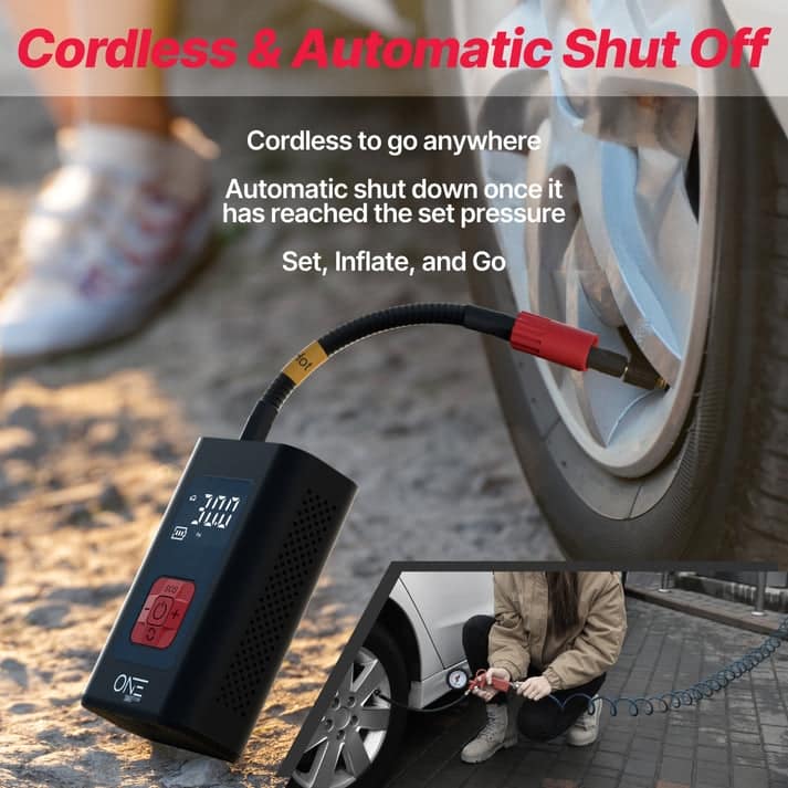 ONE Tire Inflator Portable Air Compressor, 150PSI Portable Air Pump for Cars, Bikes, Motor Bikes and Balls, 5200mAh/7.4V battery