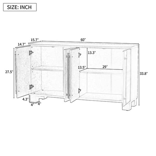 Wood Buffet Cabinet with Storage, Sideboard wAdjustable Shelves & Gold Handles w4 Doors for Kitchen, Dining Room and Living Room