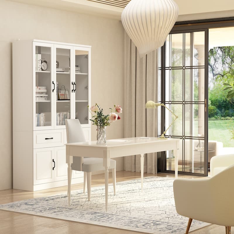 78.7" Large Combo Storage Cabinet Display Bookcase Glass Doors Pantry