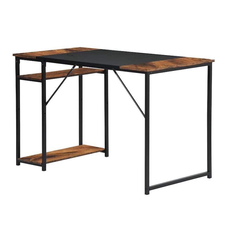 Homylin Industrial Writing Desk with Side Storage Shelves, Black Brown