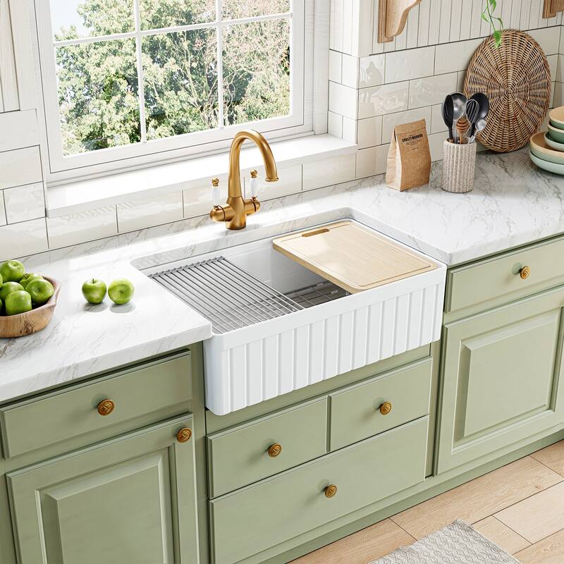 HOROW 33in. Farmhouse/Apron-Front Single Bowl White Fireclay Workstation Kitchen Sink w/Cutting Board,Bottom Grid and Strainer