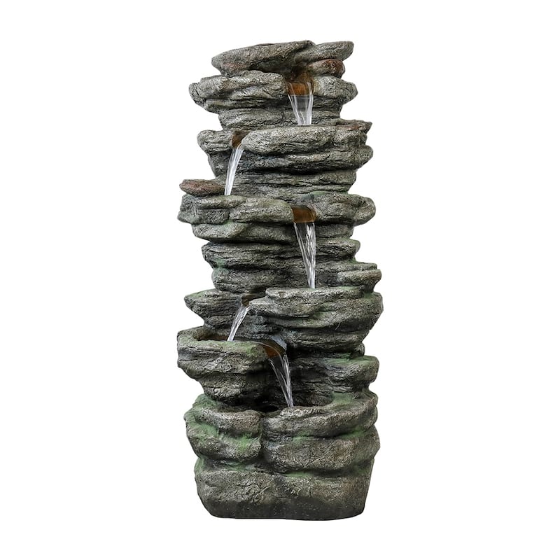 SunJet 40" H 6-Tiers Cascading Rock Outdoor Water Fountain with LED Lights - 40'' H X 18'' W X 12'' D