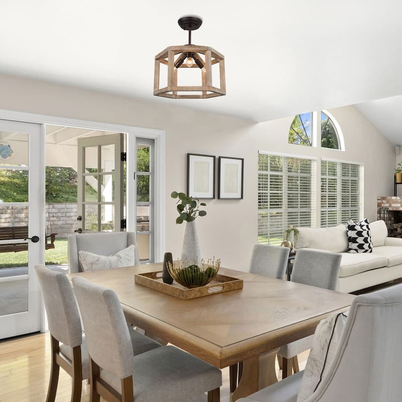 Modern Farmhouse 3-Light Wood Semi Flush Mount Lantern Ceiling Light ...
