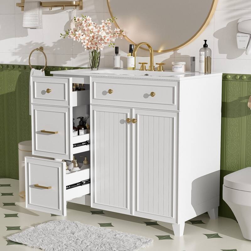 Transitional Style 36-inch Bathroom Vanity with Ceramic Sink, 2 Soft-Close Doors Freestanding Cabinet with 2 Drawers