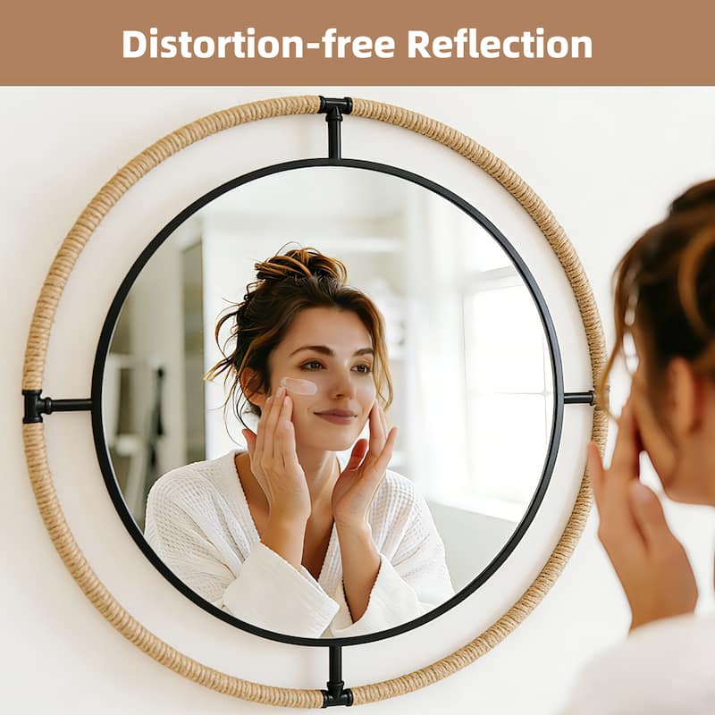 Coastal Rope & Iron Round Wall Mirror Hanging Decor for Living Room - 32"X32"