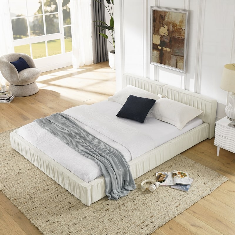 Upholstered Bed Frame with Chenille fabric with pleated design