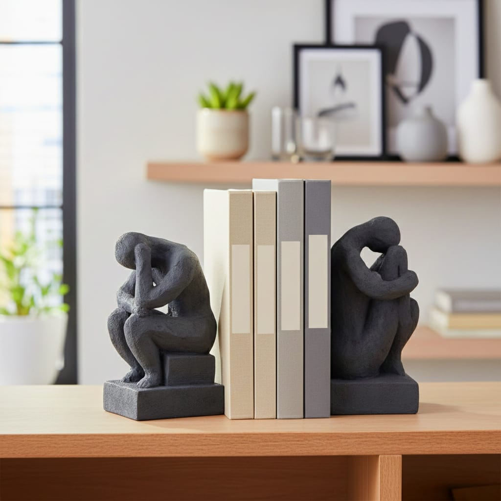Modern Thinking Man Decorative Bookends - Set of 2, 7", White - 7.0"