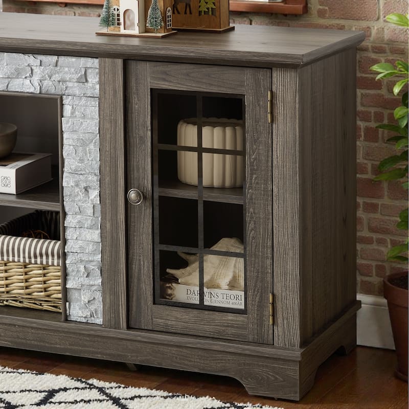 58" Modern TV Stand with Faux Stone Surround, Media Console Cabinet with 2 Doors and Shelves for TVs up to 75"