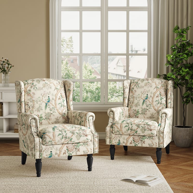 2 Set Transitional Patterned Wingback Accent Chairs with NailHead - Bird