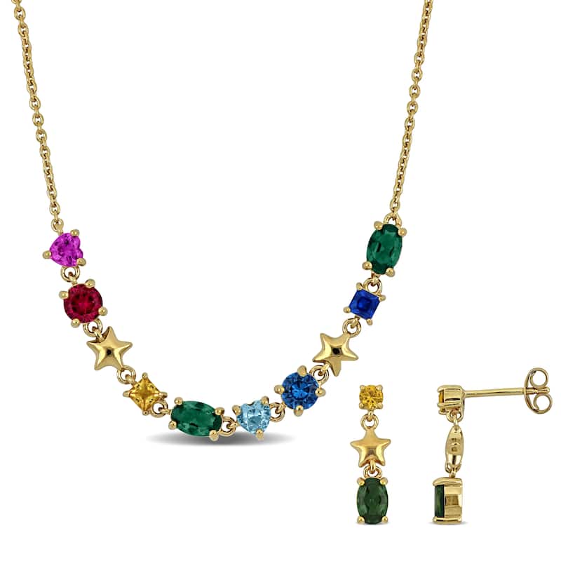 Miadora Yellow Silver 3 1/4TGW Multi-Gemstone Necklace and Earrings Set - Green