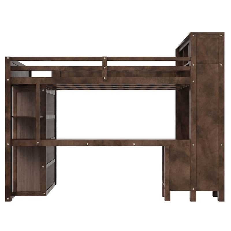 Heavy-Duty Loft Bed Queen Size Loft Frame with Wardrobe Desk USB