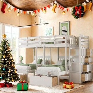Full Over Twin & Twin Bunk Bed, Wood Triple Bunk Bed with Drawers and Guardrails,Bunk Bed with Storage Drawers