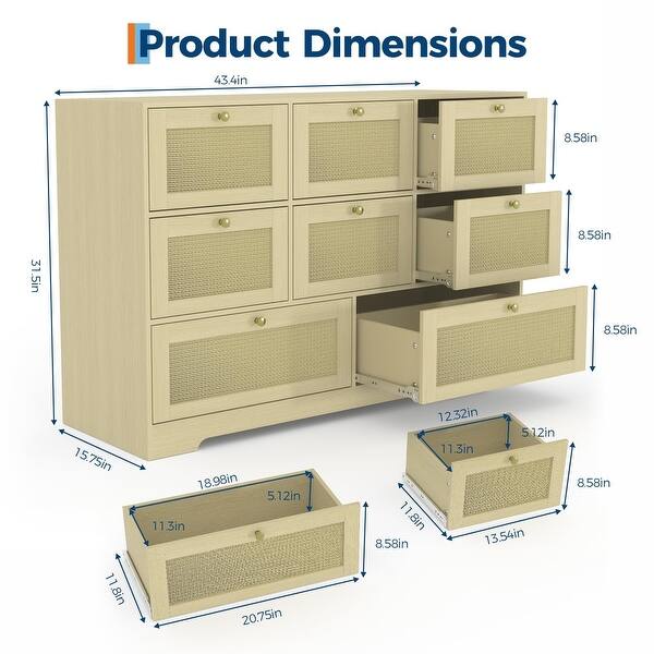 Rattan 8-Drawer Dresser – Wood Chest, Metal Handles & Wood Legs ...