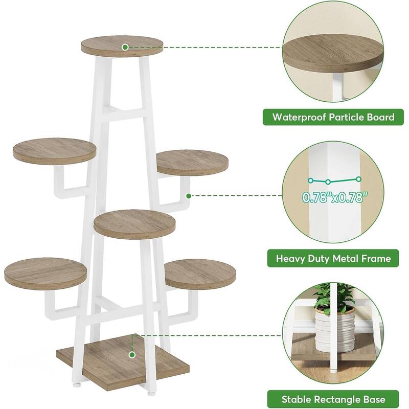 White-Brown Metal & Wood 7-Tier Plant Stand with Space-Saving Design - 11.02" x 9.84" x 43.30"