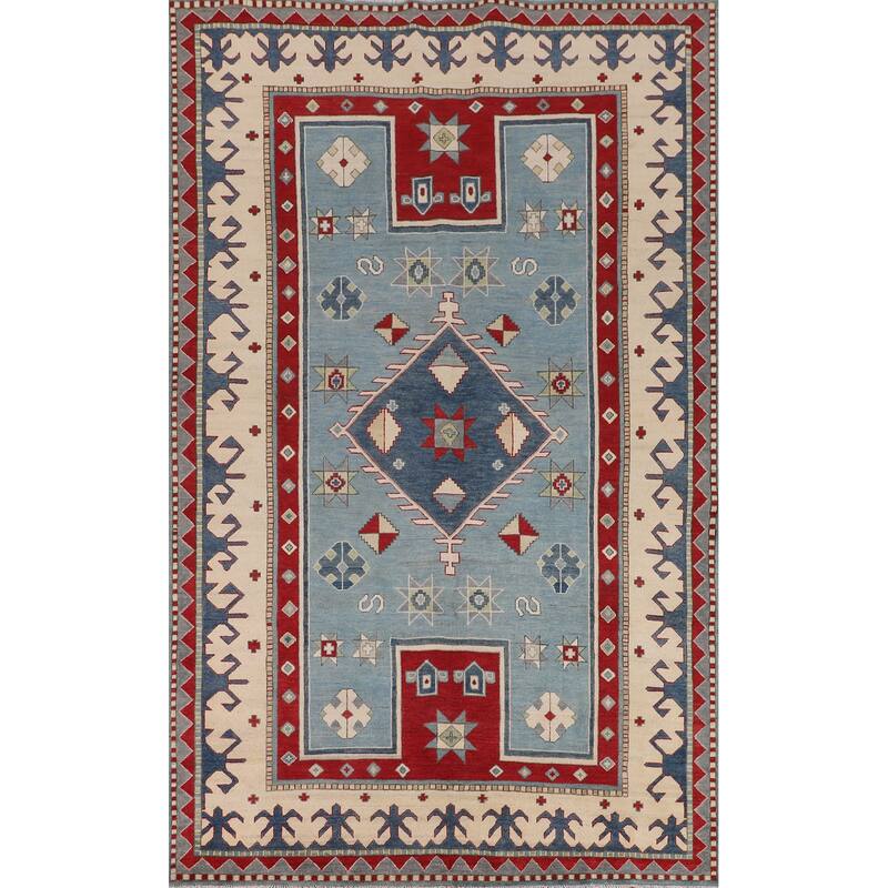 Light Blue Geometric Kazak Area Rug Living Room Handmade Wool Carpet - 6'4" x 9'10"